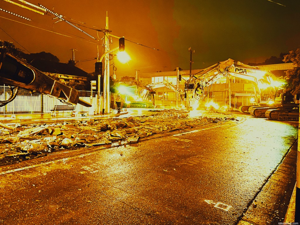 Work on tram tracks by numerous diggers