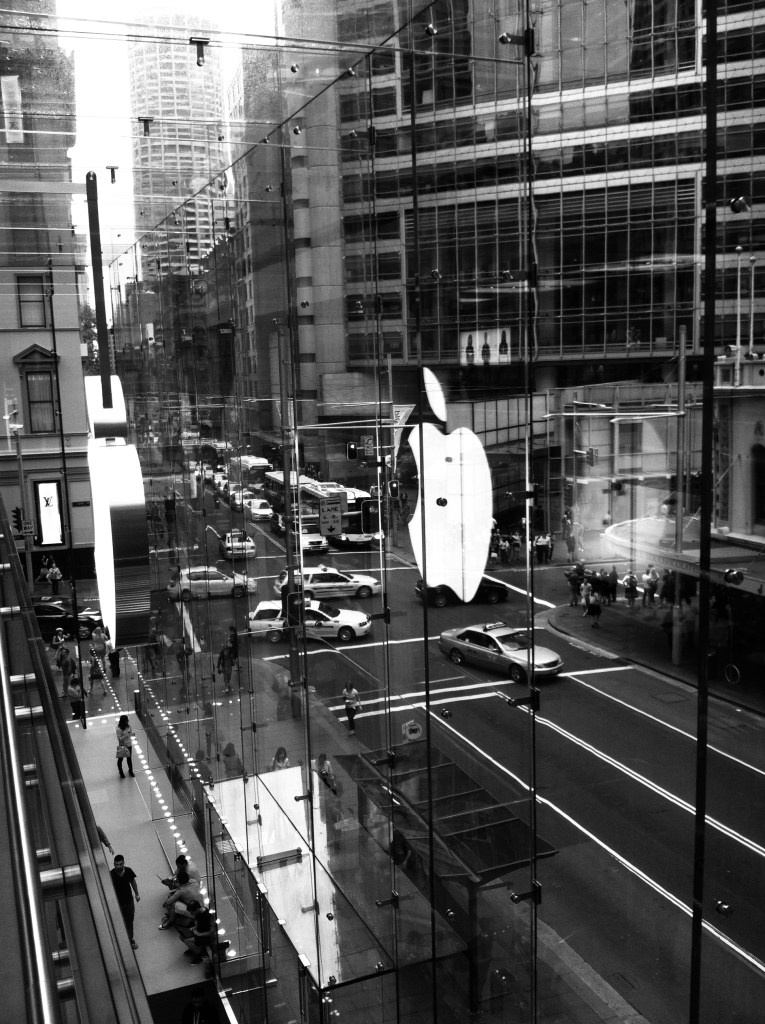 Apple Store at George St., Sydney, looking from the inside at the Apple logo and the street below